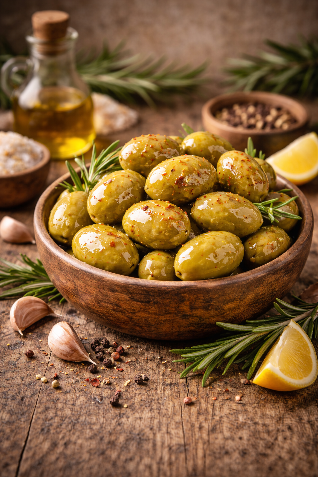 Zeytin ve baharat dolu masa